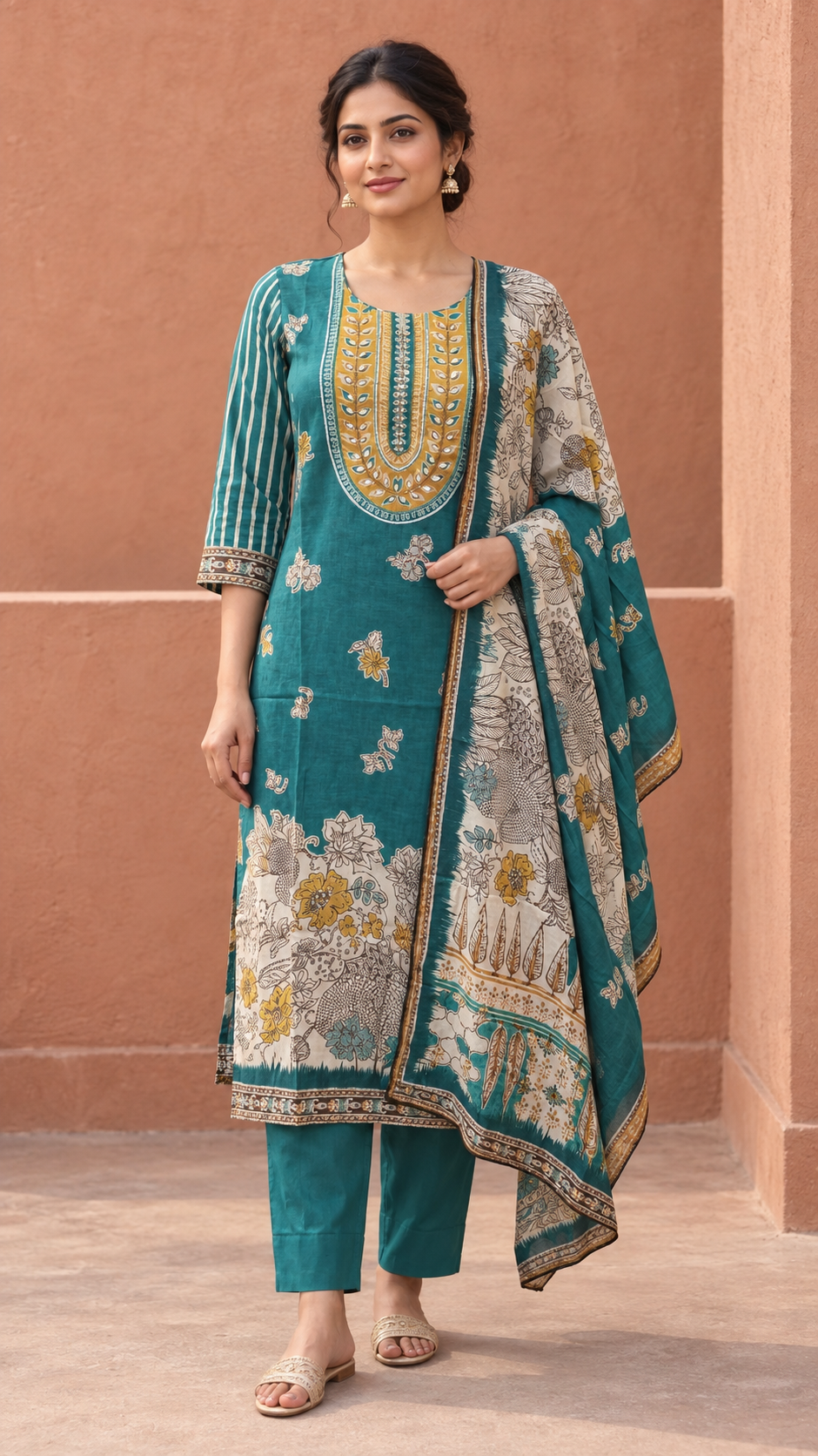 Teal Floral Printed Muslin Suit with Embellished Yoke - Image 1
