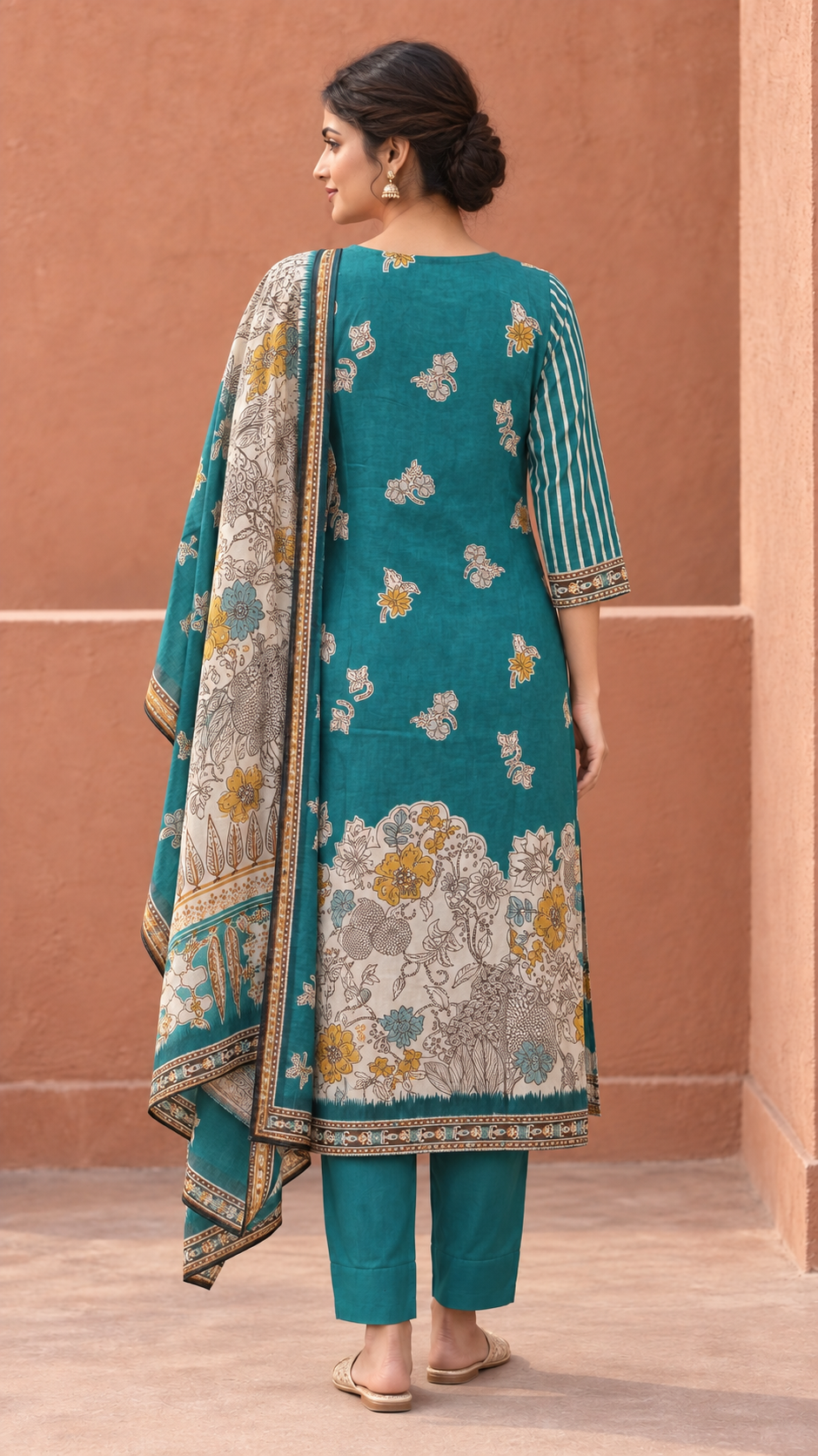 Teal Floral Printed Muslin Suit with Embellished Yoke - Image 4