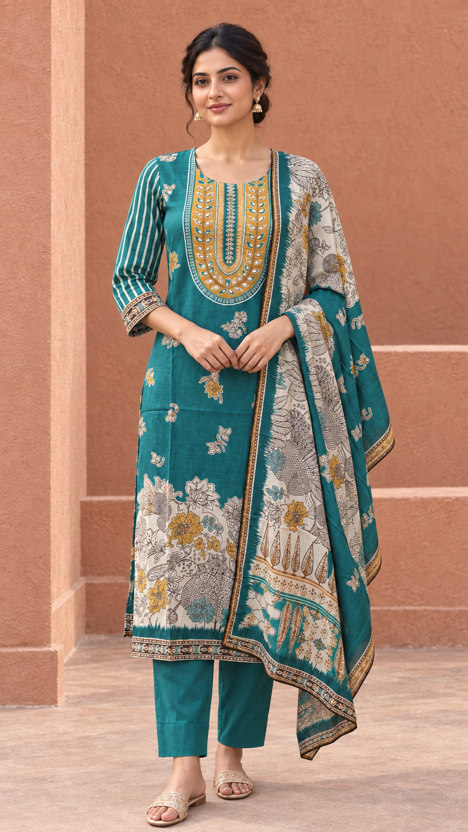 Teal Floral Printed Muslin Suit with Embellished Yoke - Image 5