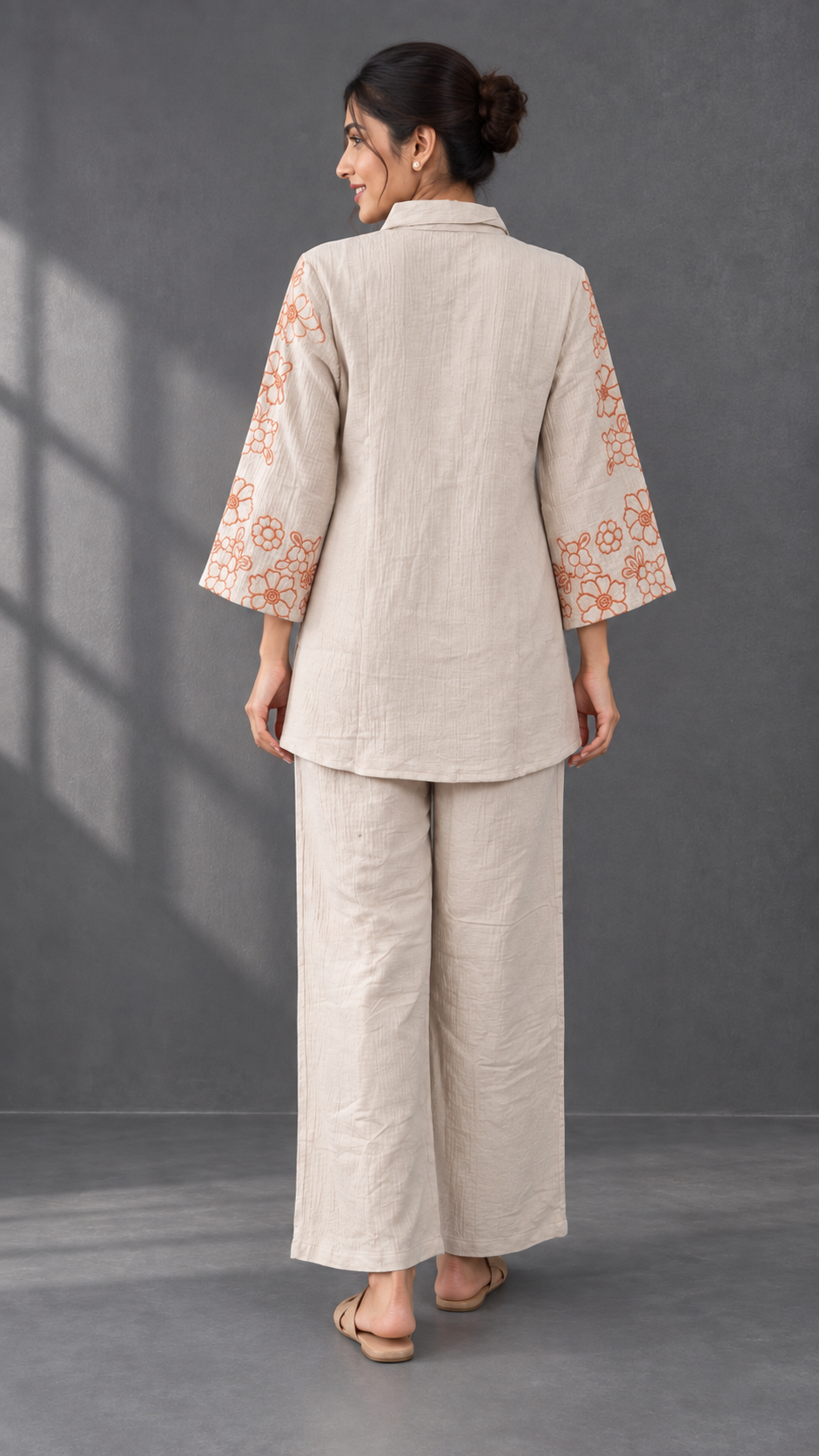 Beige Pure Cotton Co-ord Set with Floral Embroidered Sleeves - Image 4