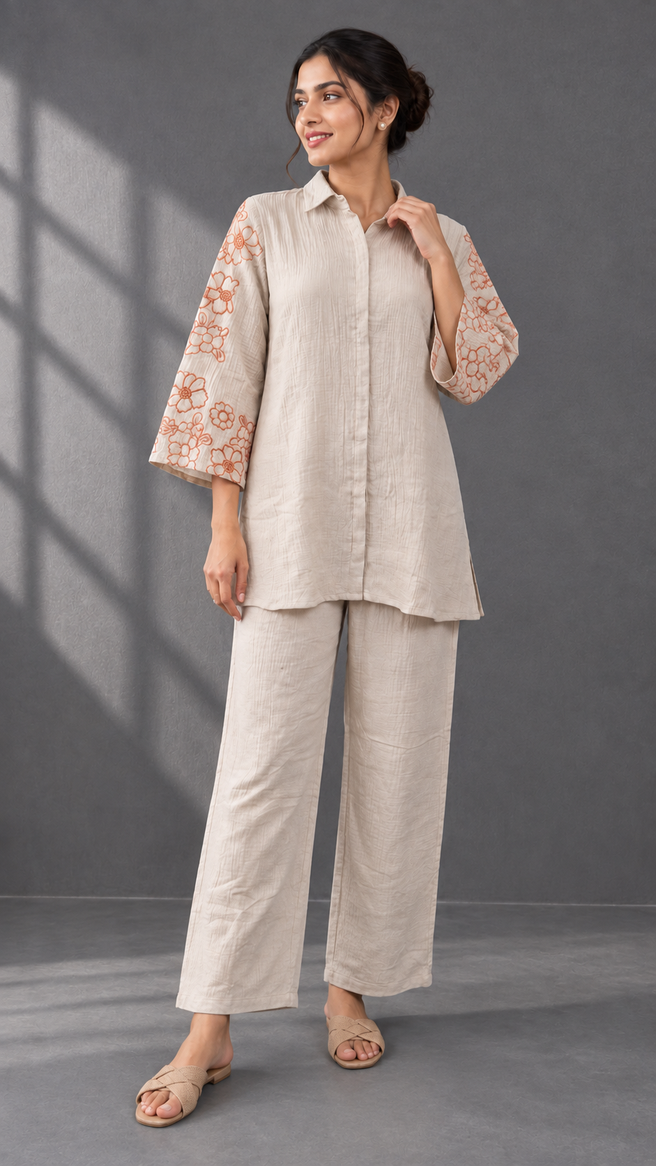 Beige Pure Cotton Co-ord Set with Floral Embroidered Sleeves - Image 5