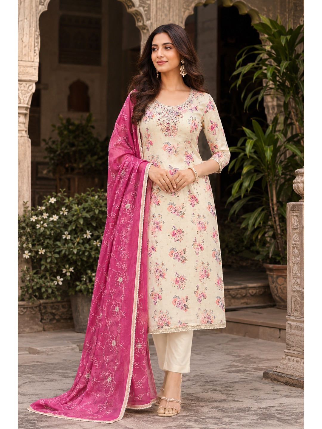 Peachmode Cream Pink Floral Handwork Chanderi Silk Dress Material - Image 2