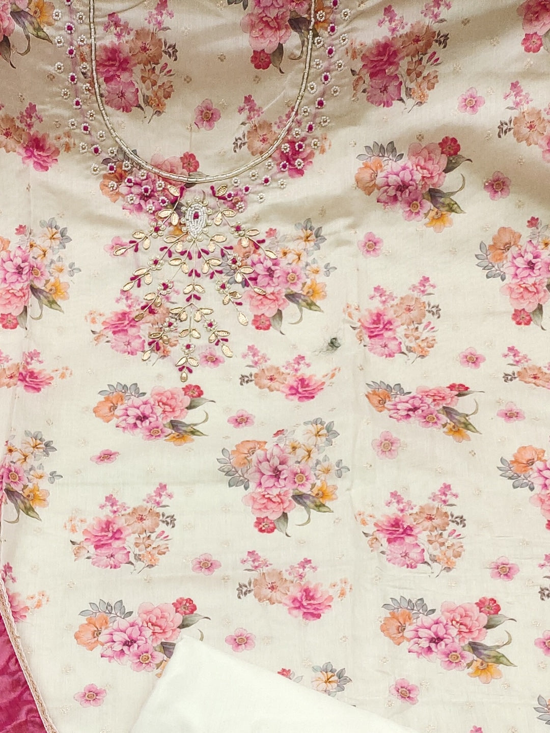 Peachmode Cream Pink Floral Handwork Chanderi Silk Dress Material - Image 4