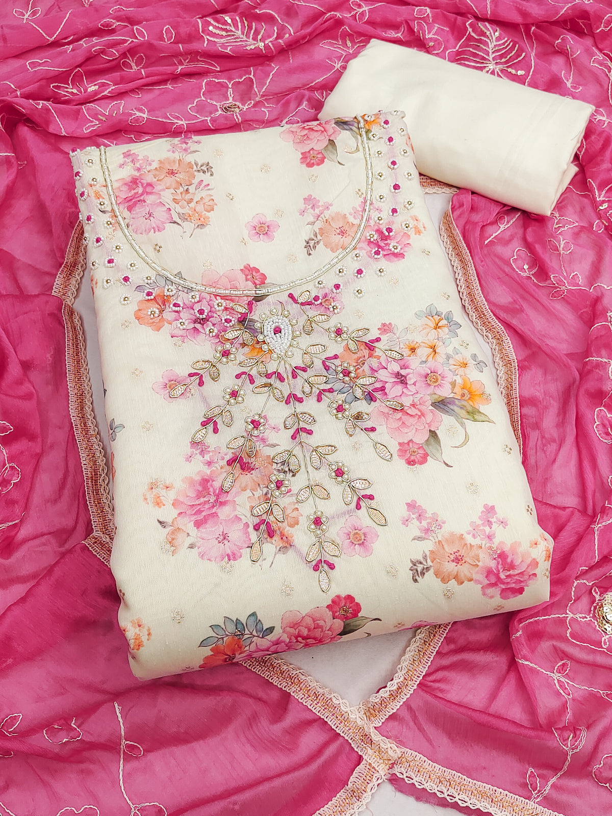 Peachmode Cream Pink Floral Handwork Chanderi Silk Dress Material - Image 3