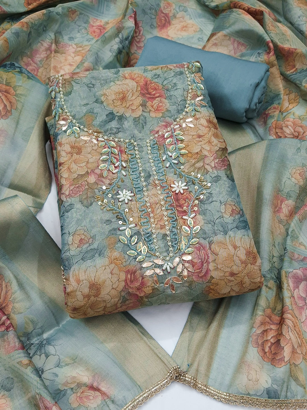 Peachmode Turquoise Floral Handwork Cotton Dress Material - Image 1