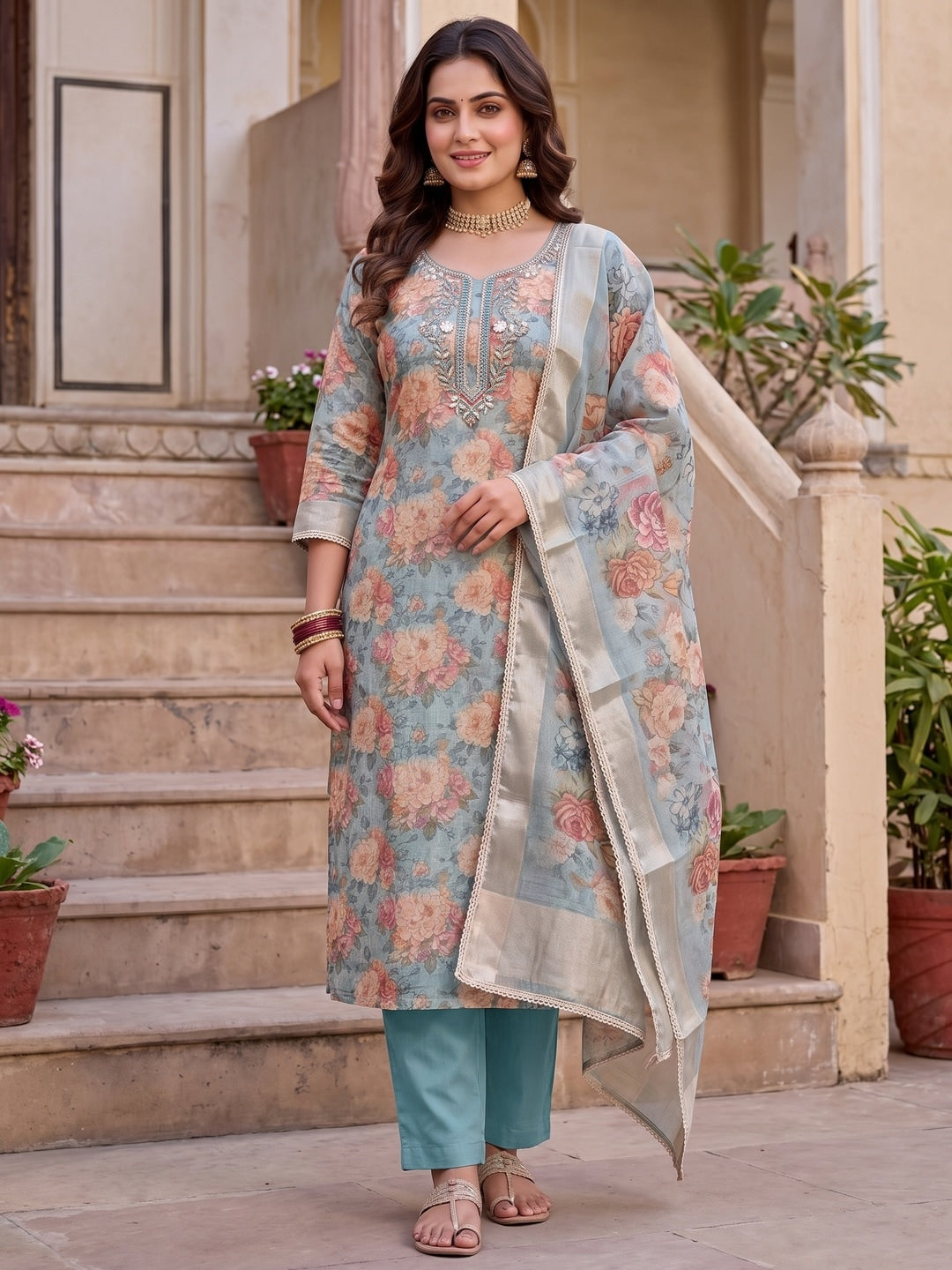 Peachmode Turquoise Floral Handwork Cotton Dress Material - Image 2