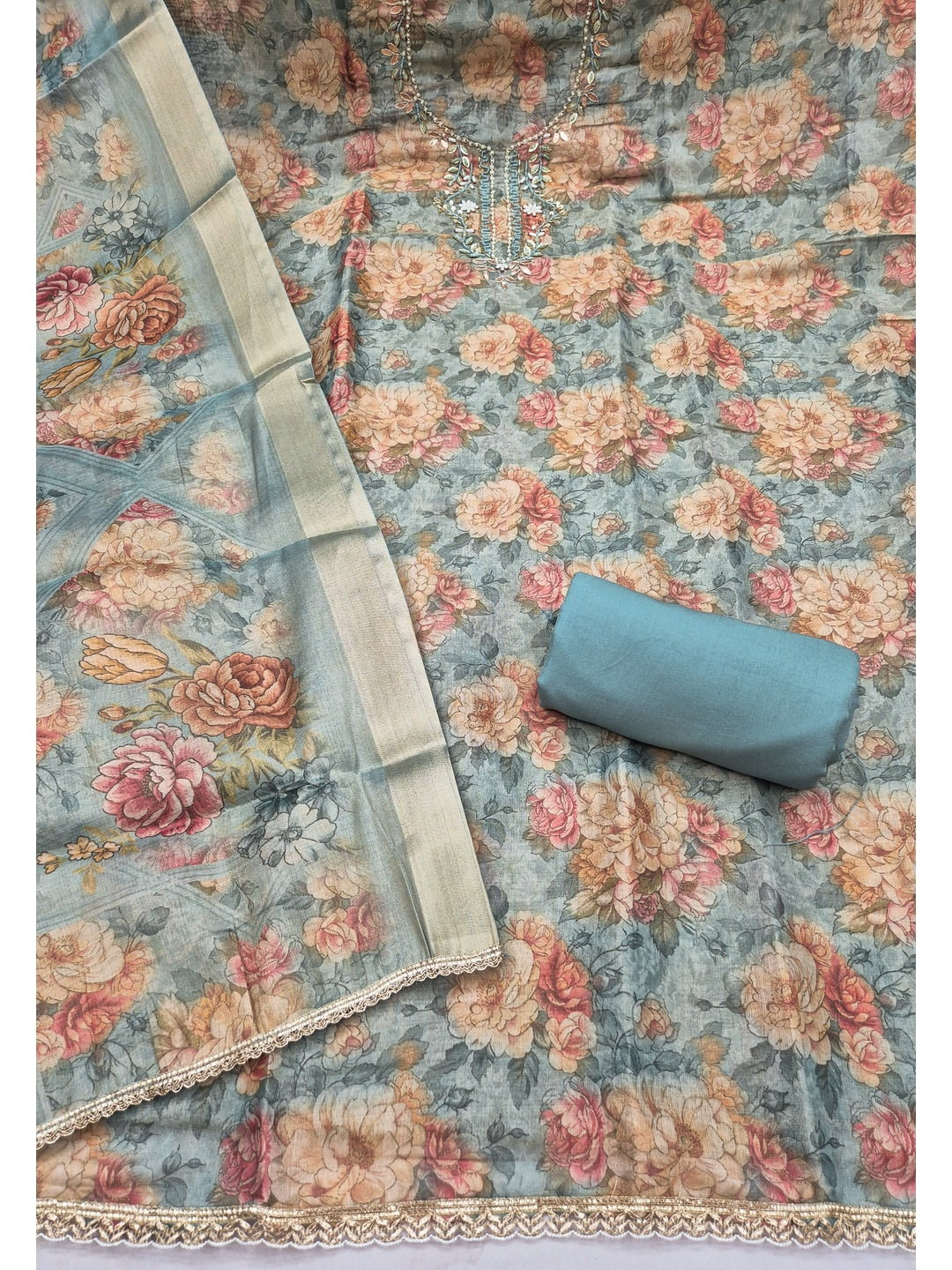 Peachmode Turquoise Floral Handwork Cotton Dress Material - Image 3
