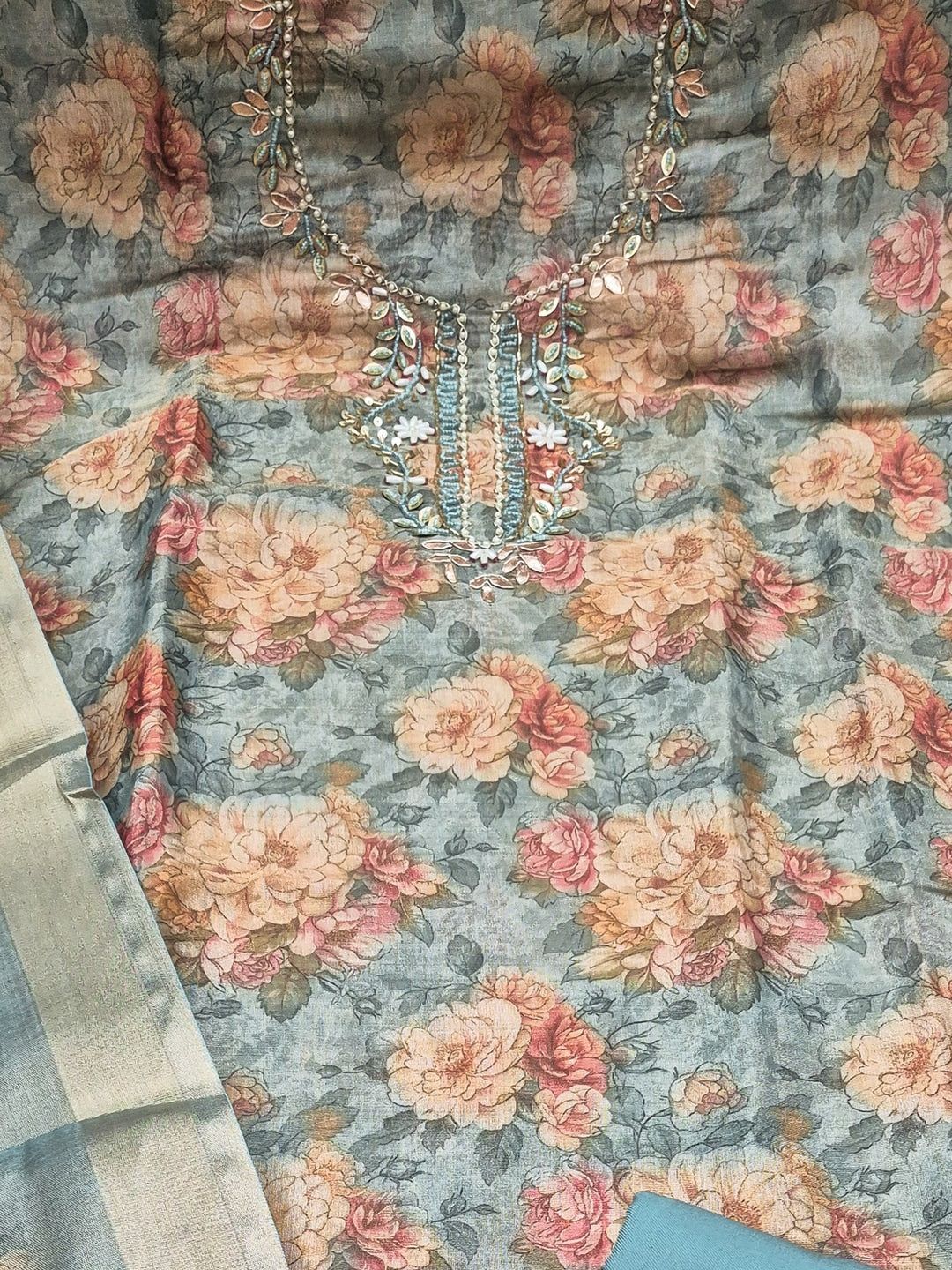 Peachmode Turquoise Floral Handwork Cotton Dress Material - Image 4