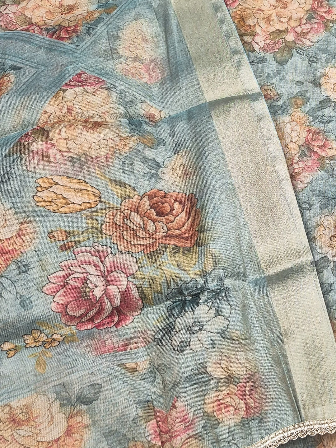 Peachmode Turquoise Floral Handwork Cotton Dress Material - Image 5