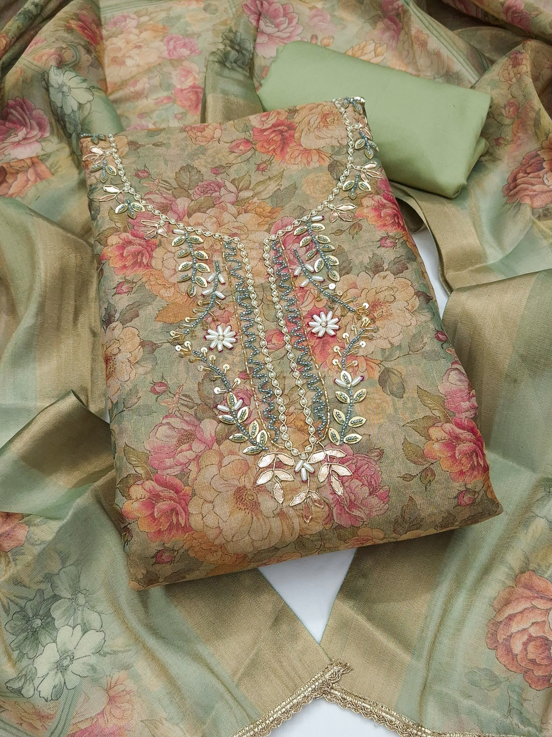 Peachmode Green Floral Handwork Cotton Dress Material - Image 1