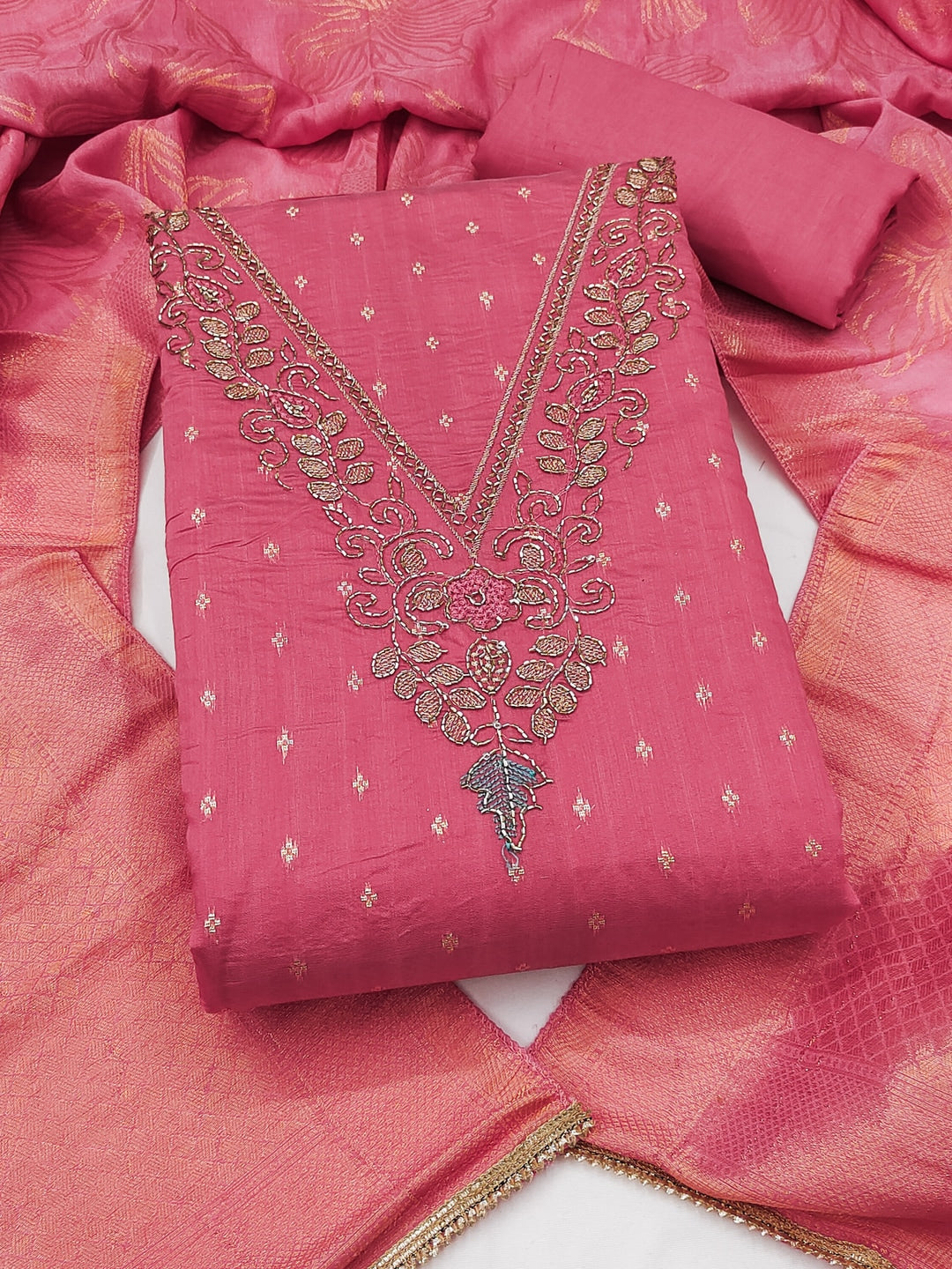 Peachmode Pink Butti Handwork Chanderi Silk Dress Material - Image 1