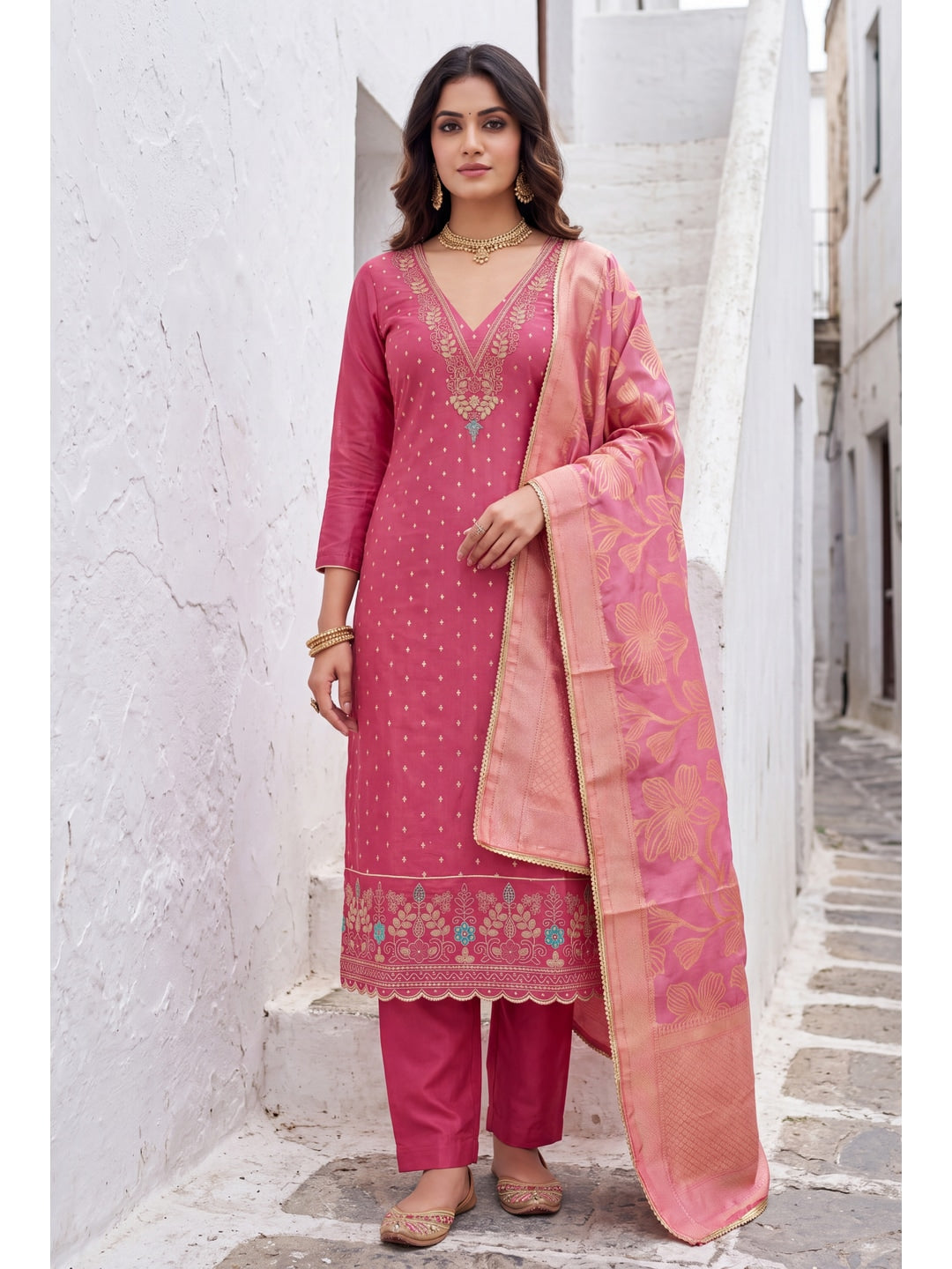 Peachmode Pink Butti Handwork Chanderi Silk Dress Material - Image 2