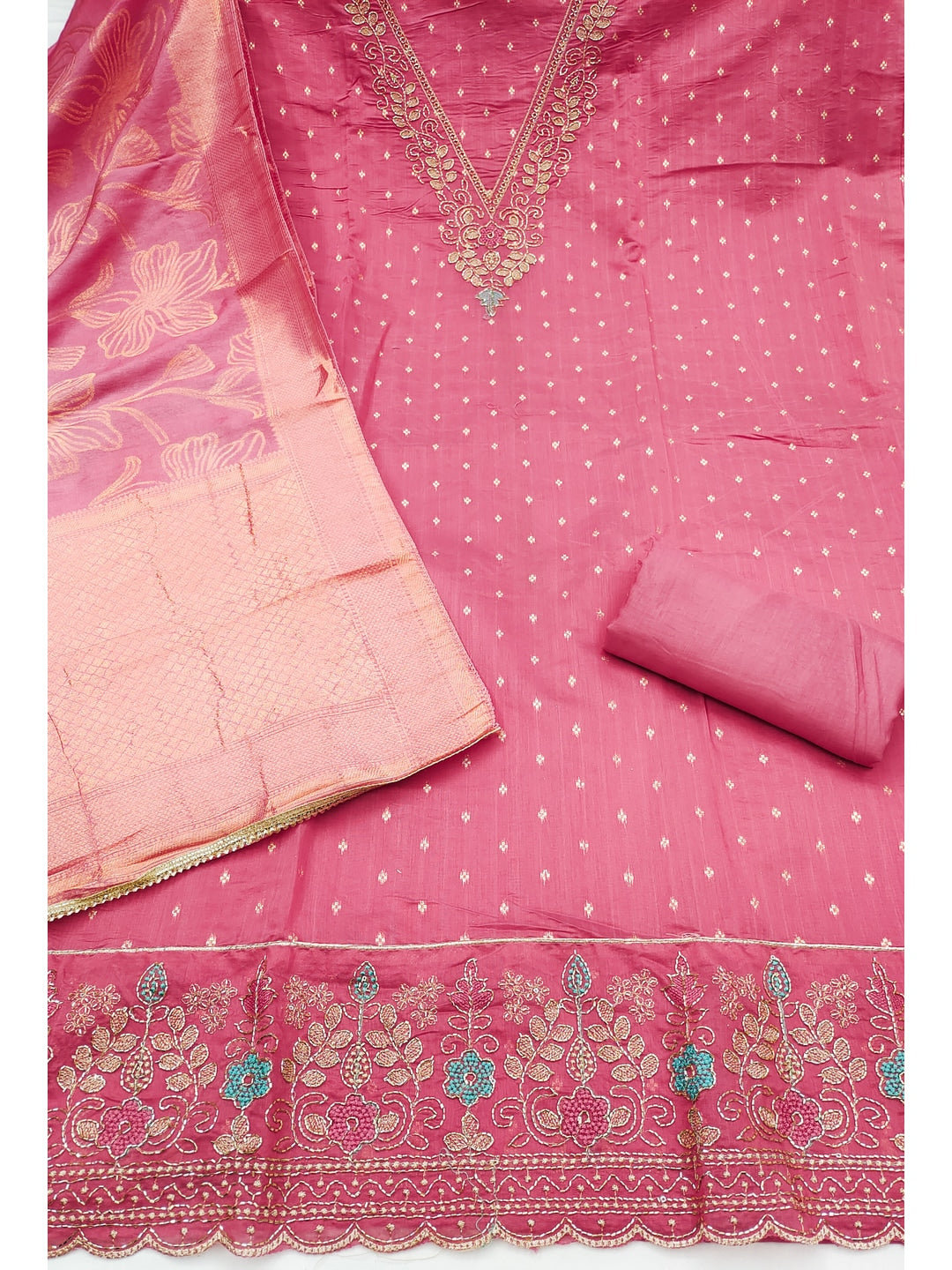 Peachmode Pink Butti Handwork Chanderi Silk Dress Material - Image 3