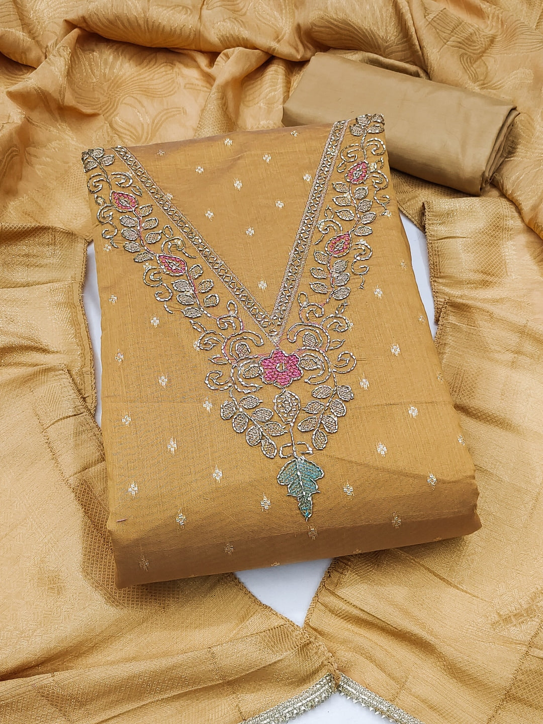Peachmode Mustard Butti Handwork Chanderi Silk Dress Material - Image 1
