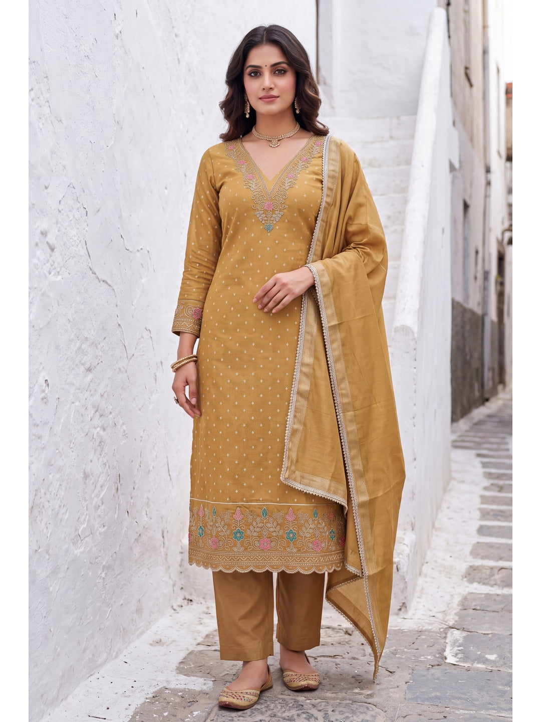 Peachmode Mustard Butti Handwork Chanderi Silk Dress Material - Image 2