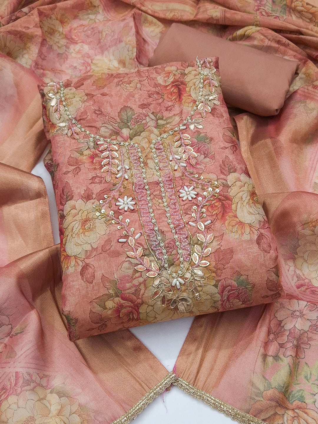 Peachmode Peach Floral Handwork Cotton Dress Material - Image 1
