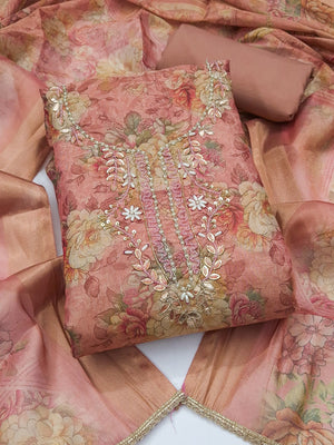 Peachmode Peach Floral Handwork Cotton Dress Material - Image 1