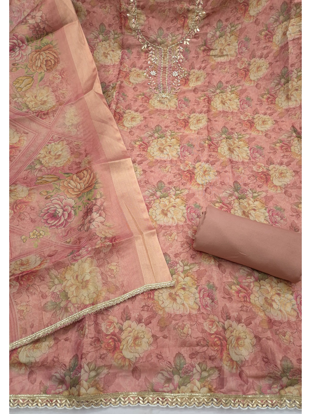 Peachmode Peach Floral Handwork Cotton Dress Material - Image 3