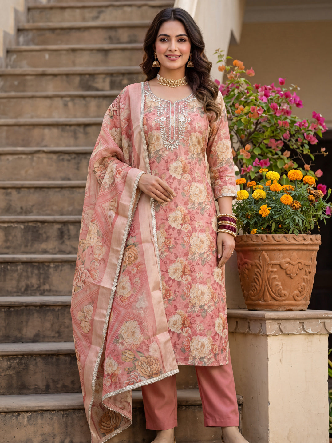 Peachmode Peach Floral Handwork Cotton Dress Material - Image 2