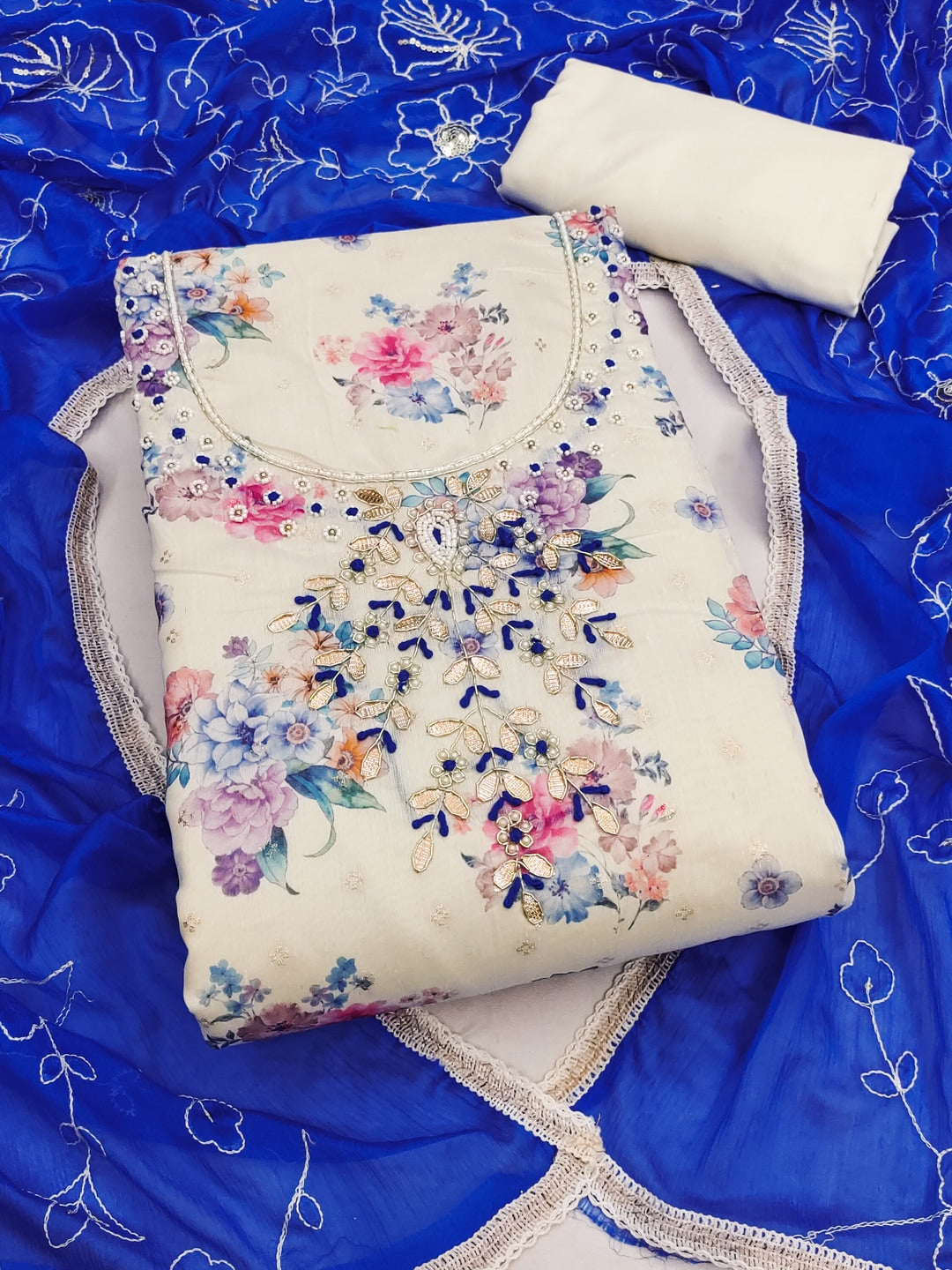 Peachmode Cream Blue Floral Handwork Chanderi Silk Dress Material - Image 1