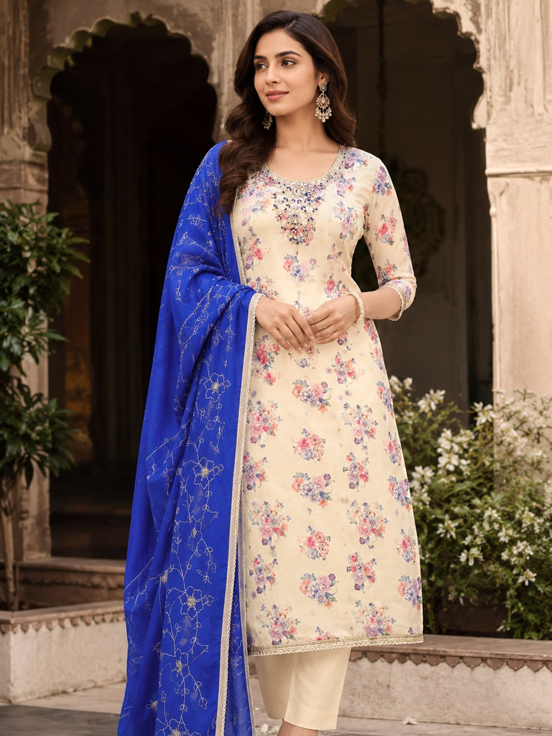 Peachmode Cream Blue Floral Handwork Chanderi Silk Dress Material - Image 2