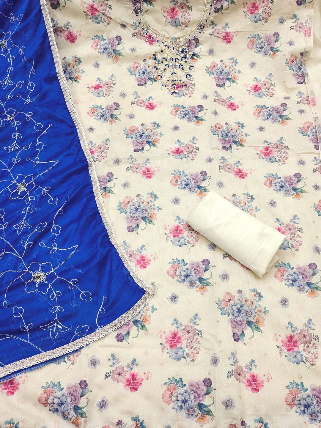 Peachmode Cream Blue Floral Handwork Chanderi Silk Dress Material - Image 3