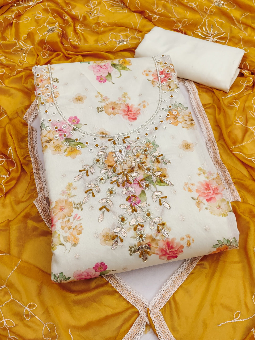 Peachmode Cream Mustard Floral Handwork Chanderi Silk Dress Material - Image 1