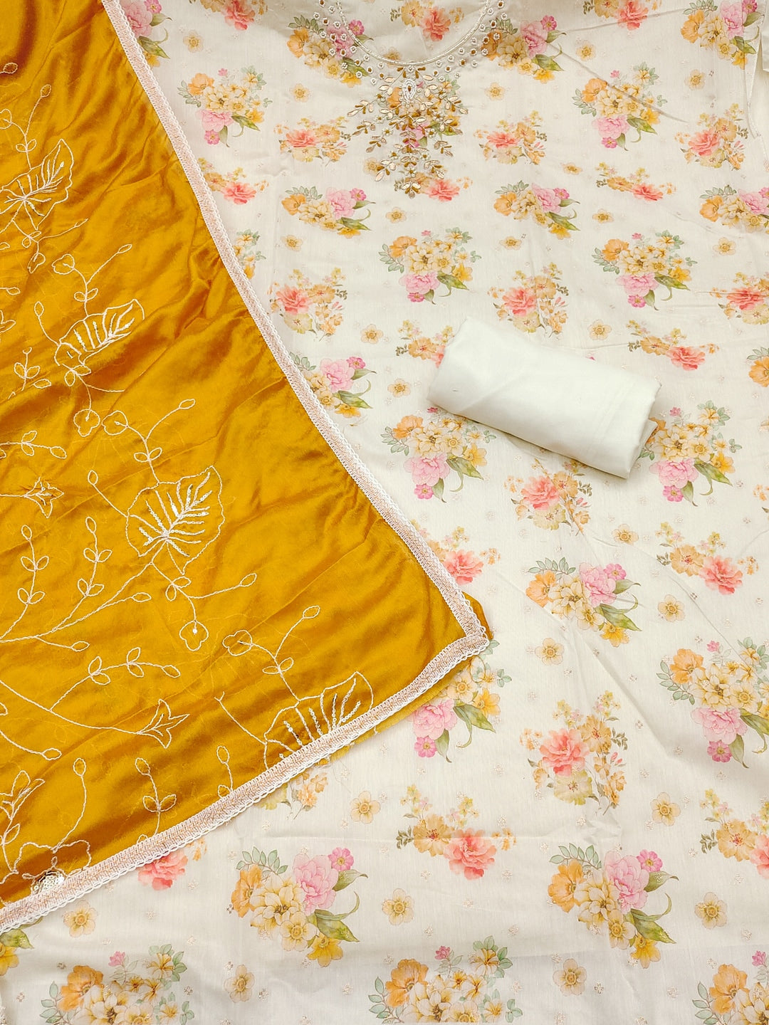 Peachmode Cream Mustard Floral Handwork Chanderi Silk Dress Material - Image 3