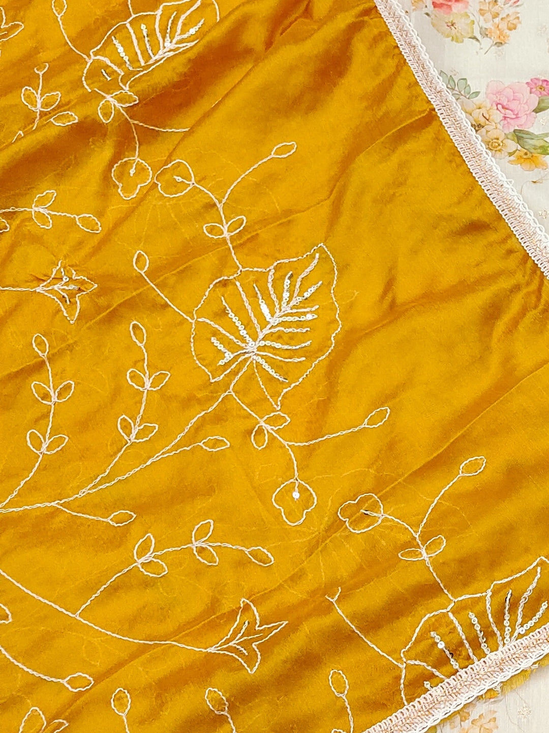 Peachmode Cream Mustard Floral Handwork Chanderi Silk Dress Material - Image 5