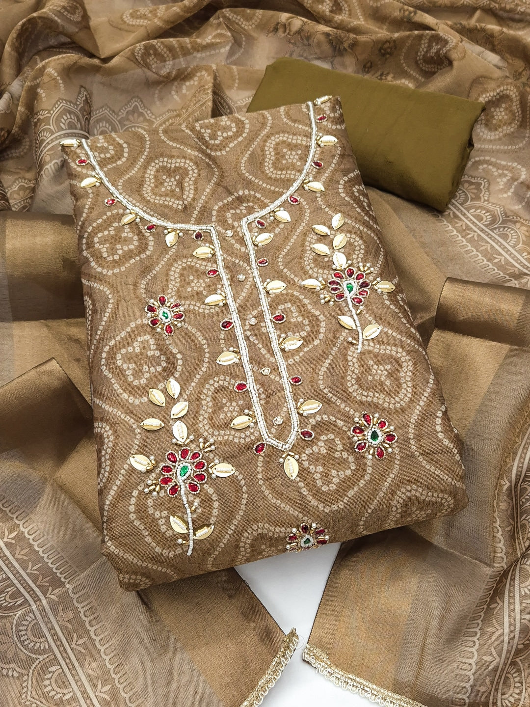 Peachmode Chikoo Bandhani Print Handwork Cotton Dress Material - Image 1