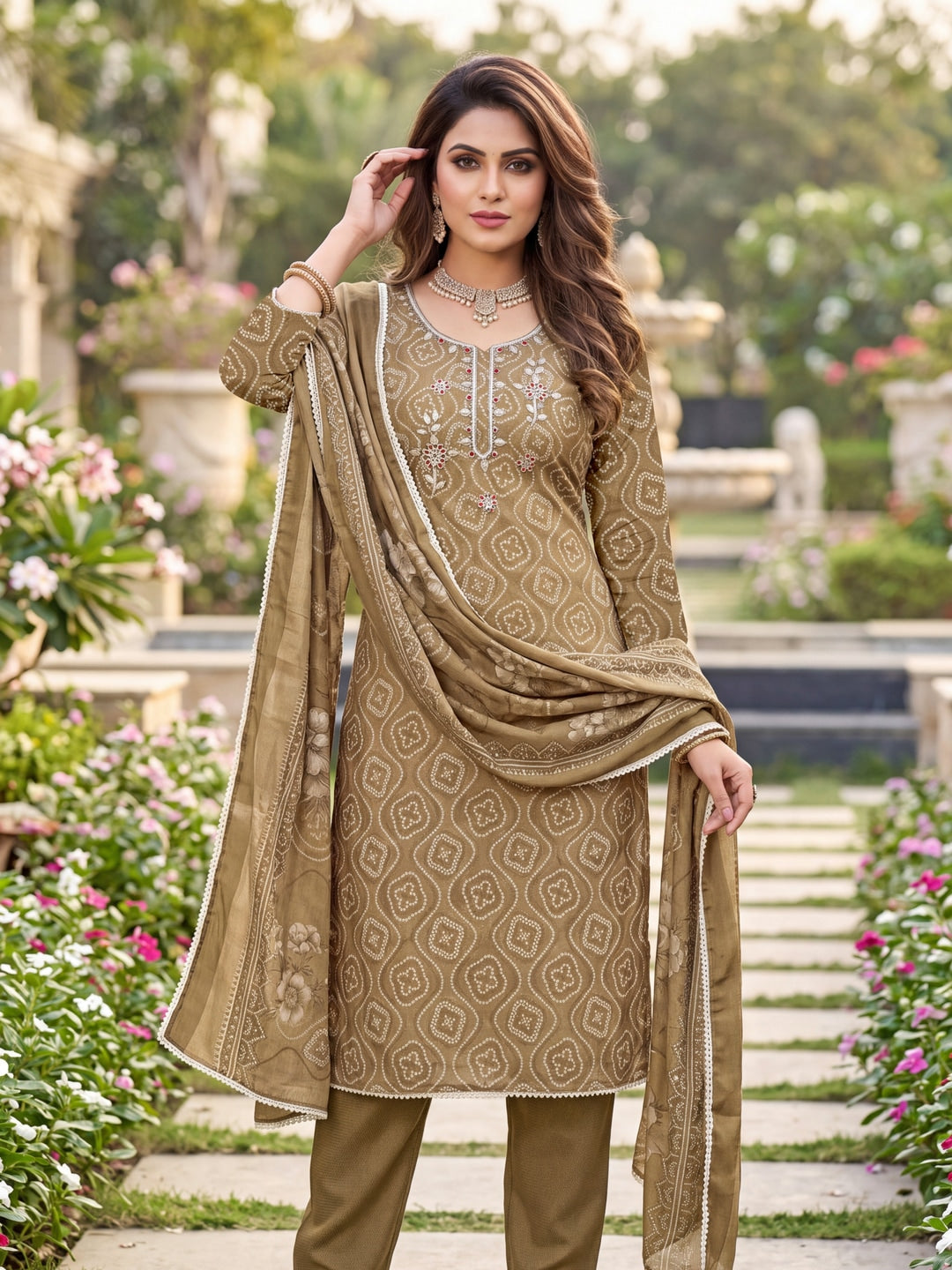 Peachmode Chikoo Bandhani Print Handwork Cotton Dress Material - Image 2