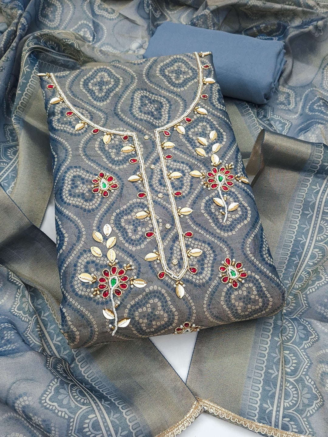 Peachmode Turquoise Bandhani Print Handwork Cotton Dress Material - Image 1