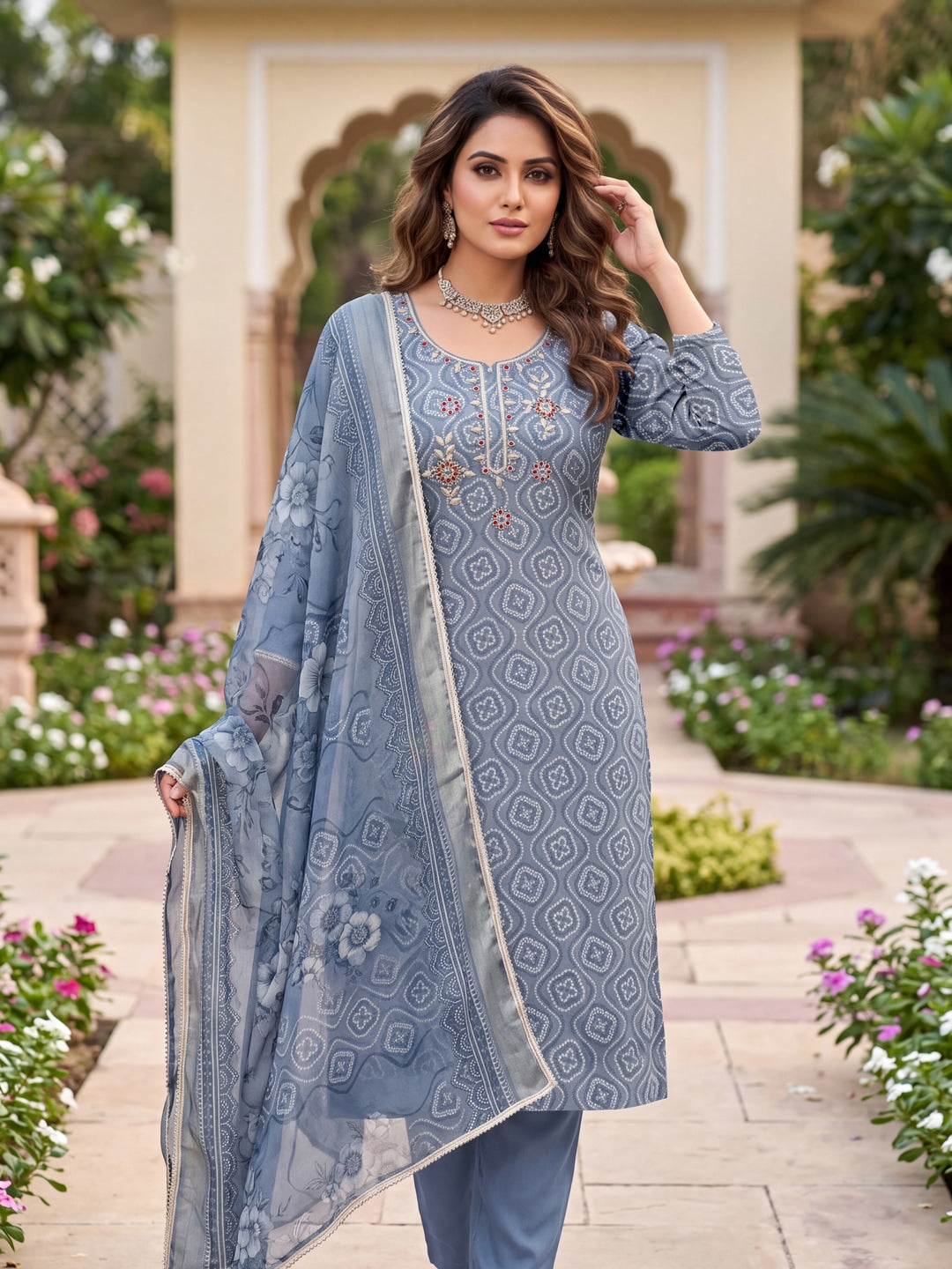 Peachmode Turquoise Bandhani Print Handwork Cotton Dress Material - Image 2