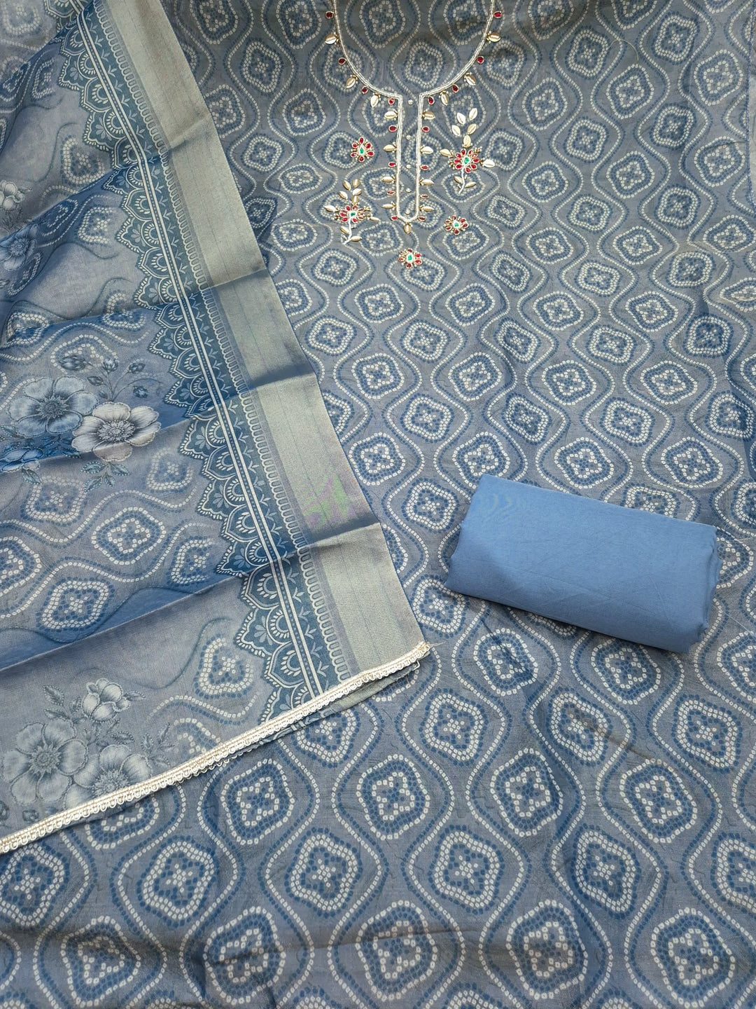 Peachmode Turquoise Bandhani Print Handwork Cotton Dress Material - Image 3