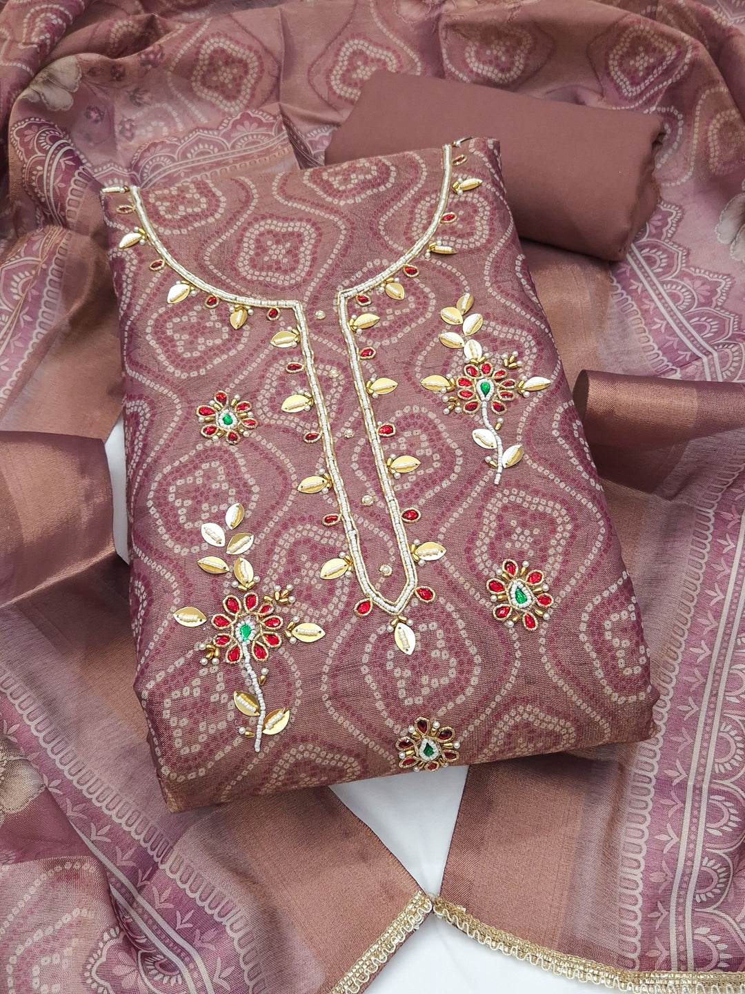 Peachmode Mauve Bandhani Print Handwork Cotton Dress Material - Image 1