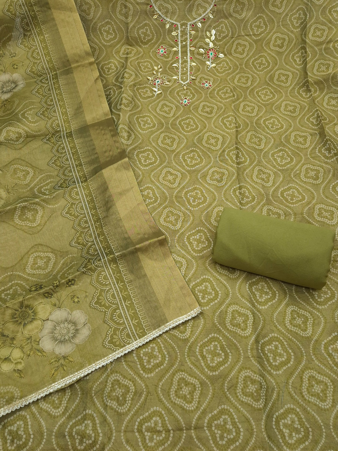 Peachmode Green Bandhani Print Handwork Cotton Dress Material - Image 3
