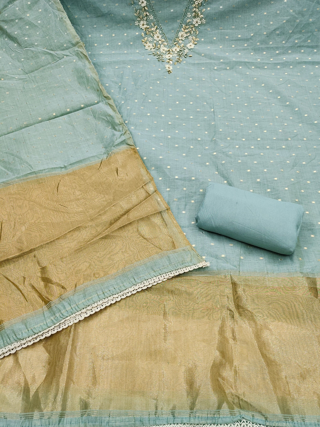 Peachmode Turquoise Banarasi Cotton Handwork Dress Material - Image 3