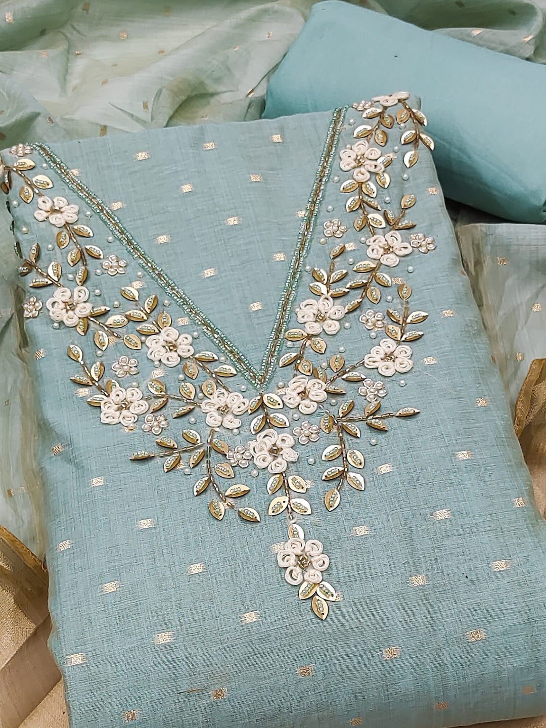 Peachmode Turquoise Banarasi Cotton Handwork Dress Material - Image 5