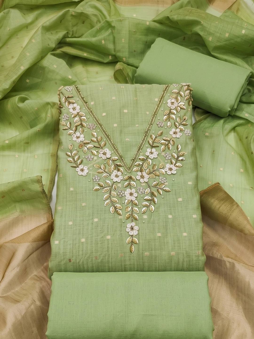 Peachmode Green Banarasi Cotton Handwork Dress Material - Image 1