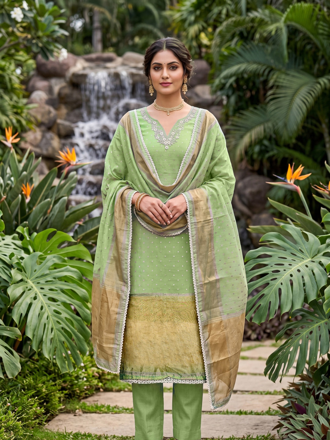 Peachmode Green Banarasi Cotton Handwork Dress Material - Image 2
