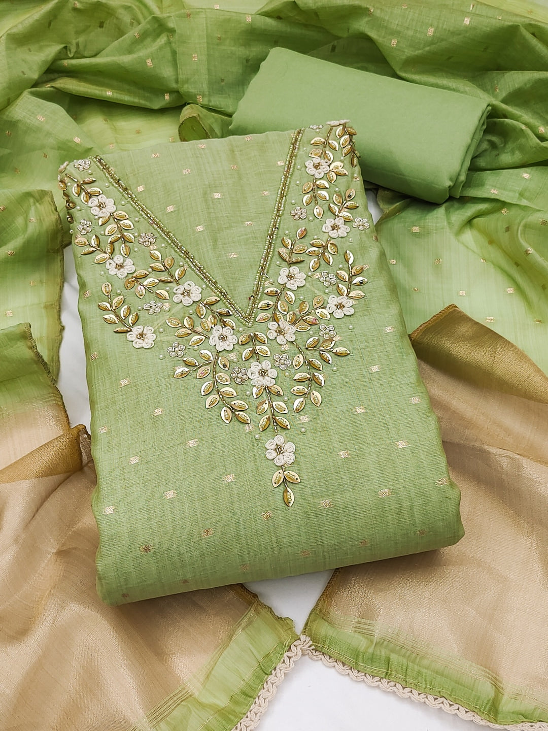 Peachmode Green Banarasi Cotton Handwork Dress Material - Image 4