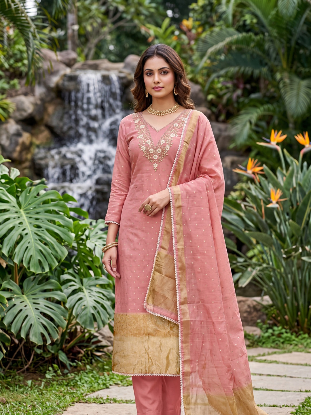 Peachmode Peach Banarasi Cotton Handwork Dress Material - Image 2