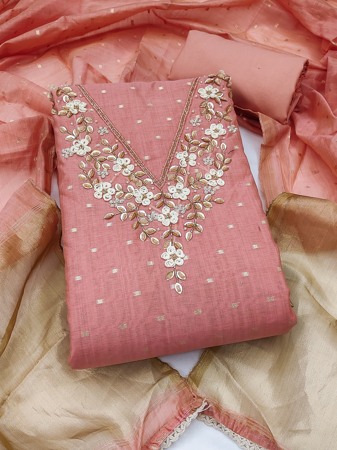 Peachmode Peach Banarasi Cotton Handwork Dress Material - Image 4