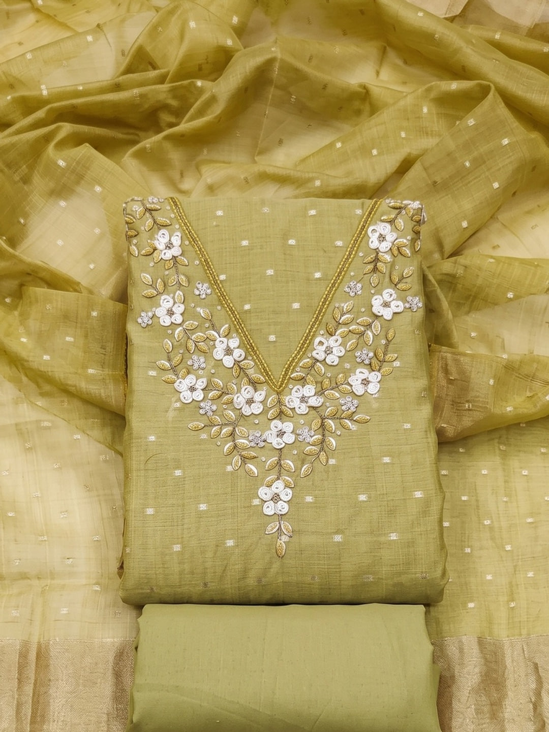 Peachmode Olive Banarasi Cotton Handwork Dress Material - Image 1