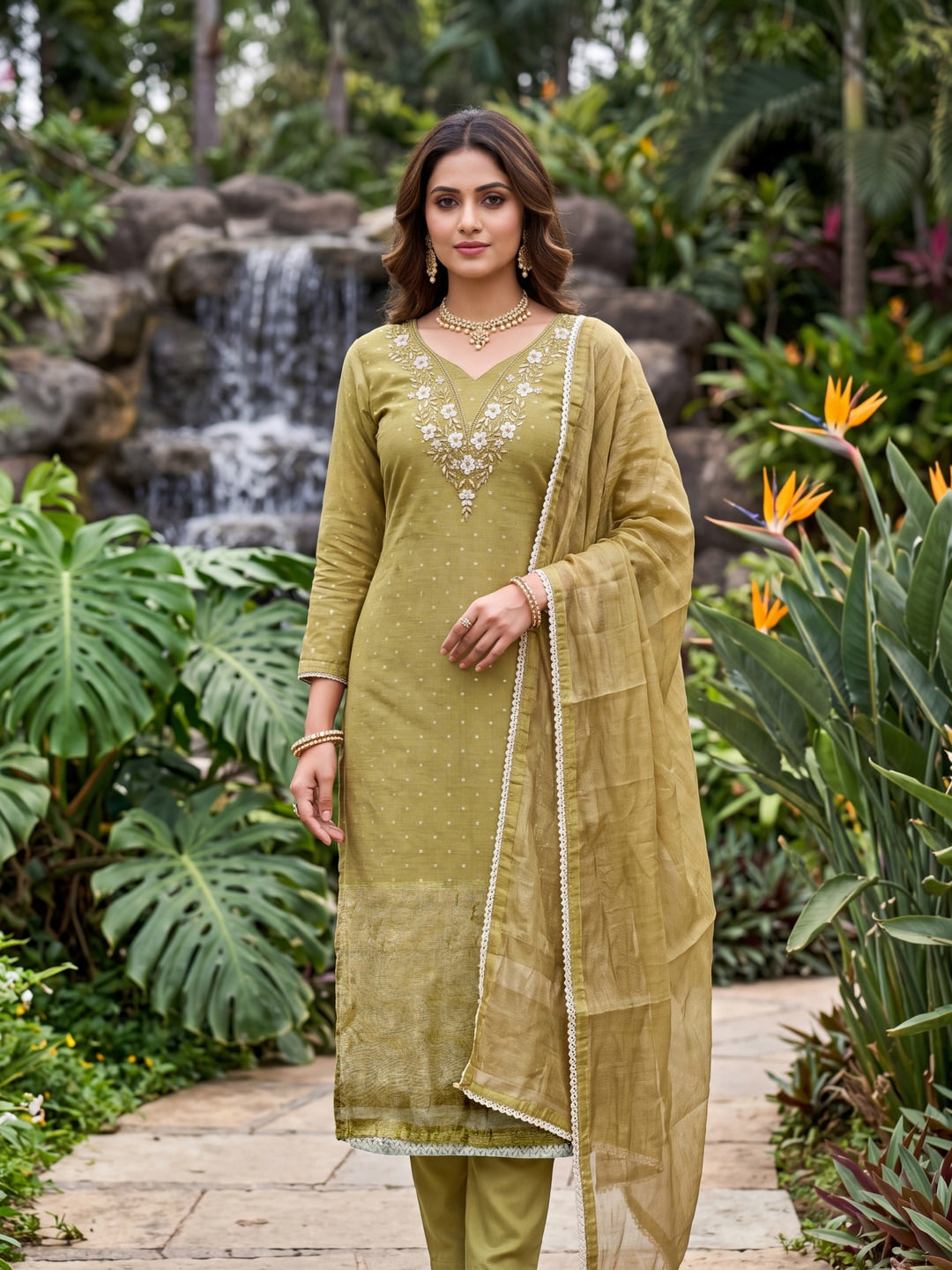Peachmode Olive Banarasi Cotton Handwork Dress Material - Image 2