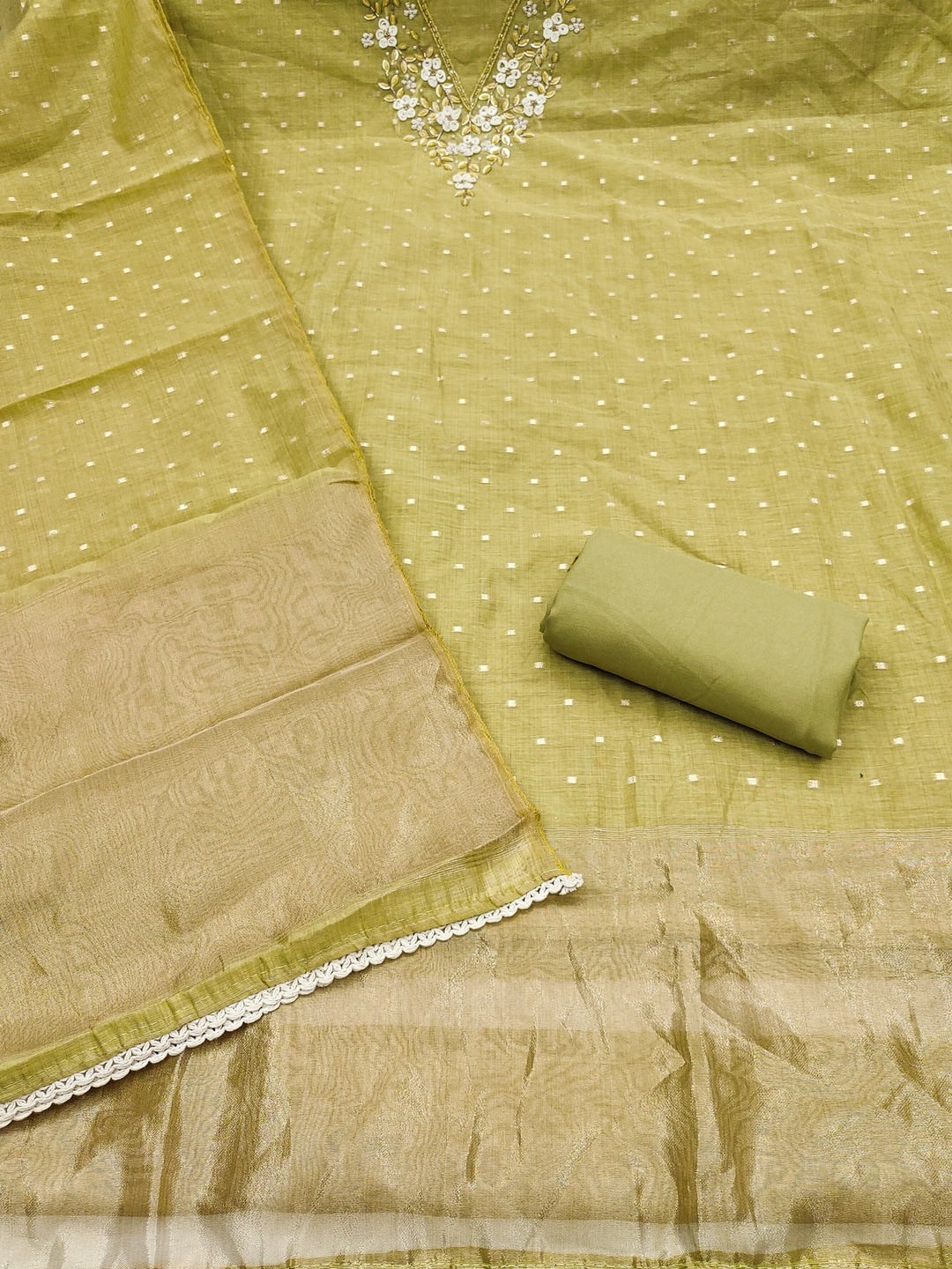 Peachmode Olive Banarasi Cotton Handwork Dress Material - Image 3