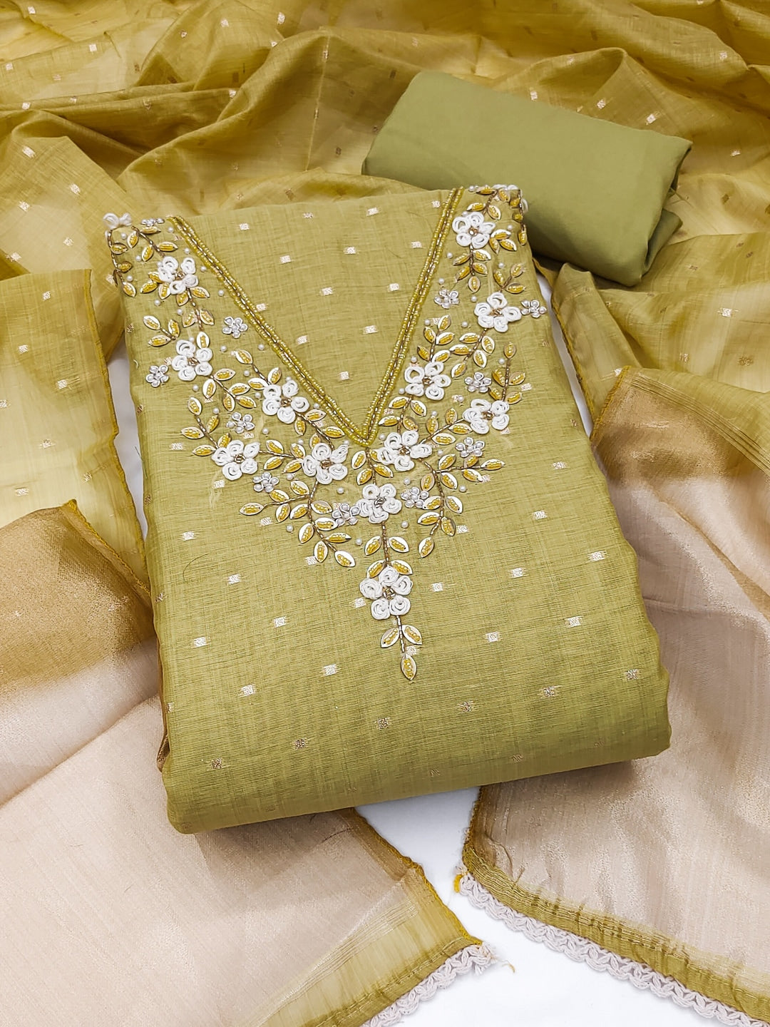 Peachmode Olive Banarasi Cotton Handwork Dress Material - Image 4
