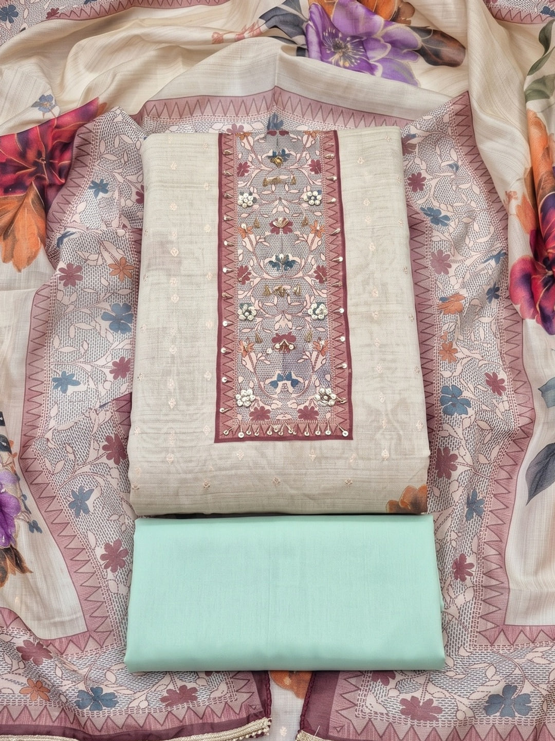 Peachmode Cream Maroon Floral Handwork Pure Modal Dress Material - Image 1