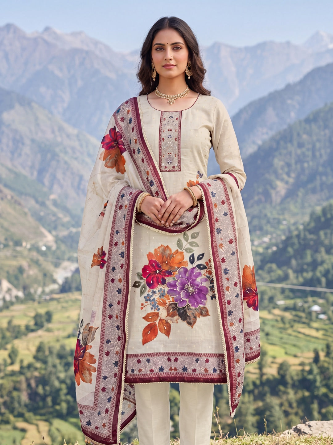 Peachmode Cream Maroon Floral Handwork Pure Modal Dress Material - Image 2