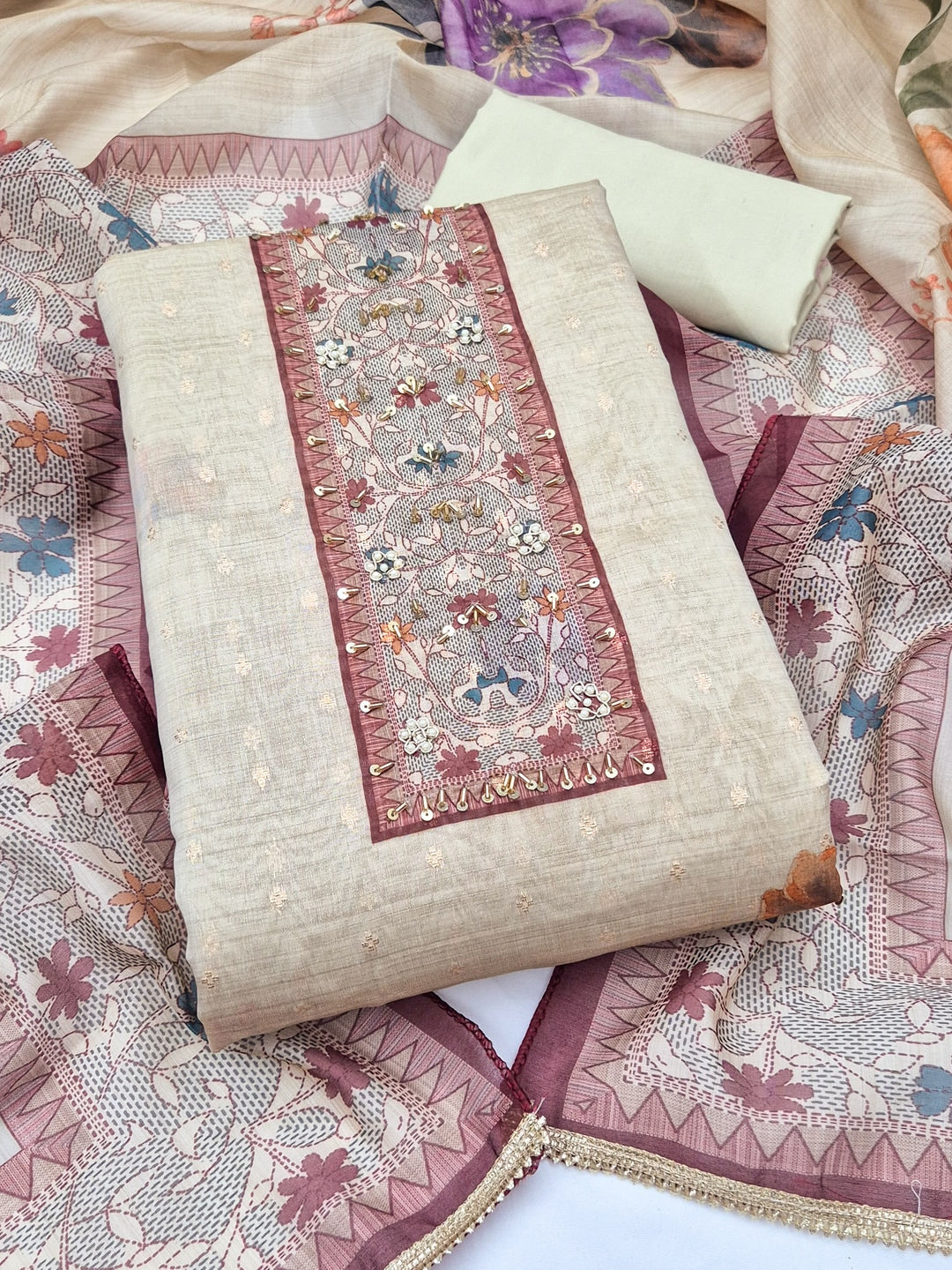 Peachmode Cream Maroon Floral Handwork Pure Modal Dress Material - Image 4
